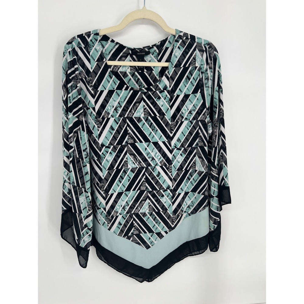Alfani Womens Geometric Print Handkerchief Hem Blouse Mint Black White Large